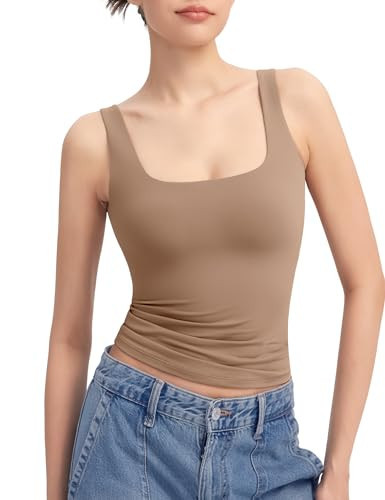PUMIEY Tank Top for Women Square Neck Sleeveless Double Lined Summer Tops, Taffy Small | Amazon (US)