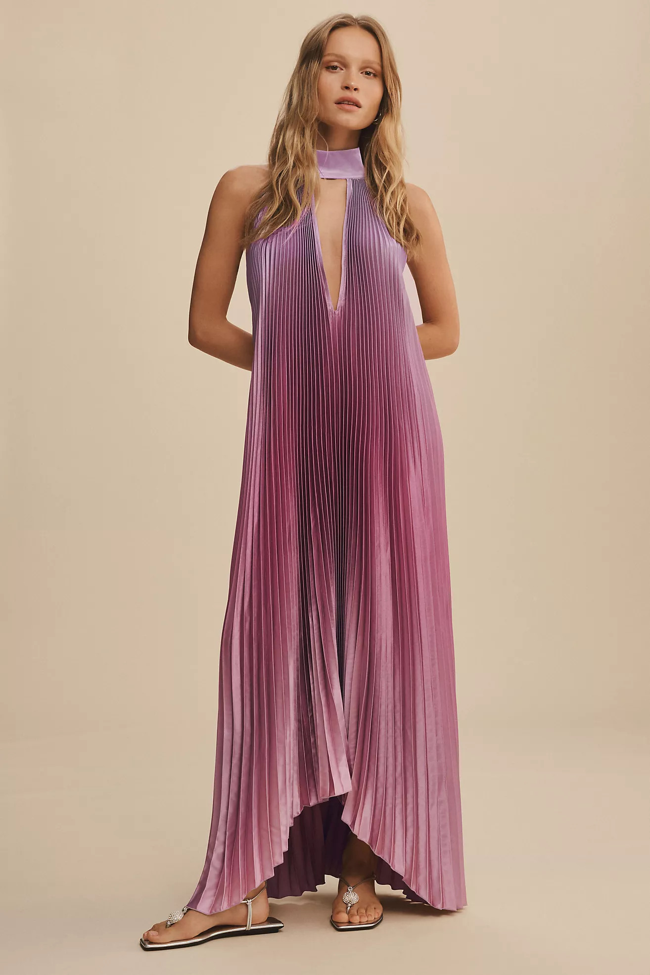 L'IDÉE Opera Deep-V Open-Back Pleated Halter Gown | Anthropologie (US)