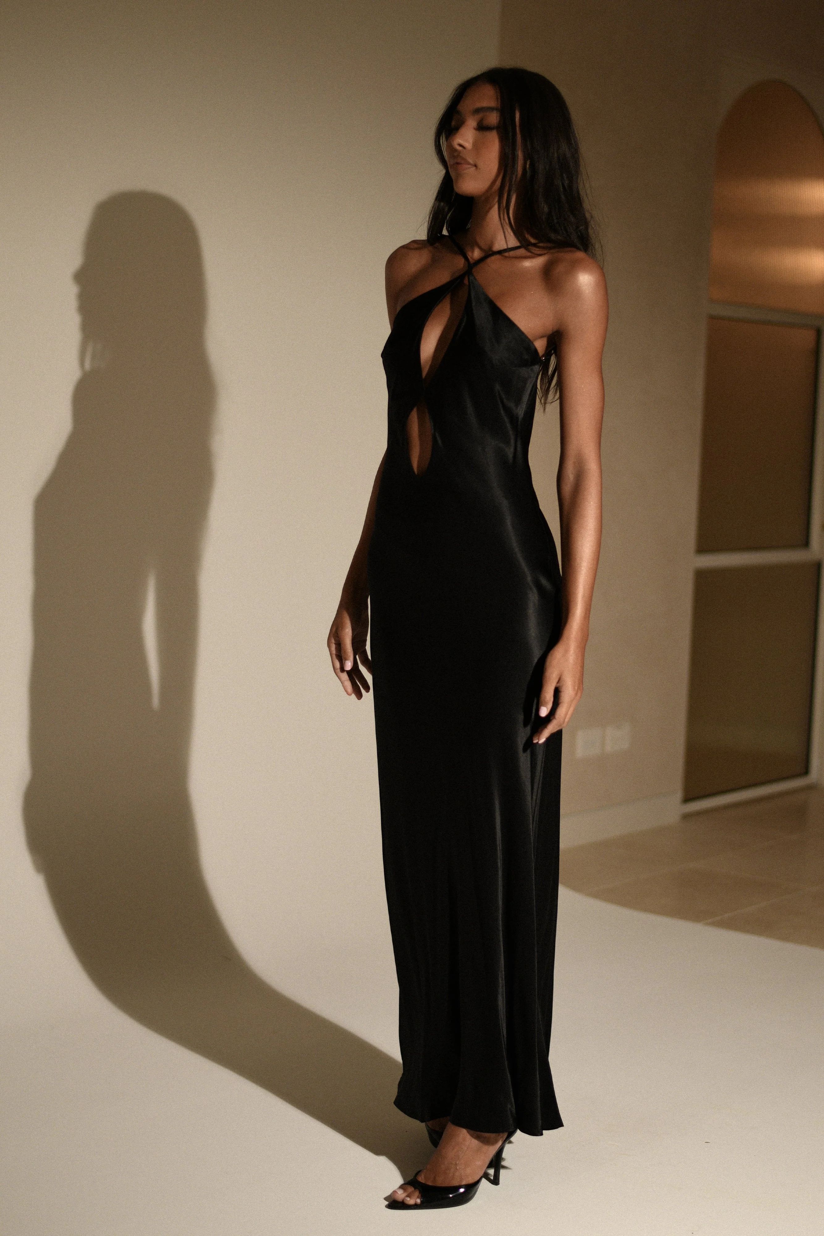 Lucia Satin Cut Out Maxi Dress - Black | MESHKI US