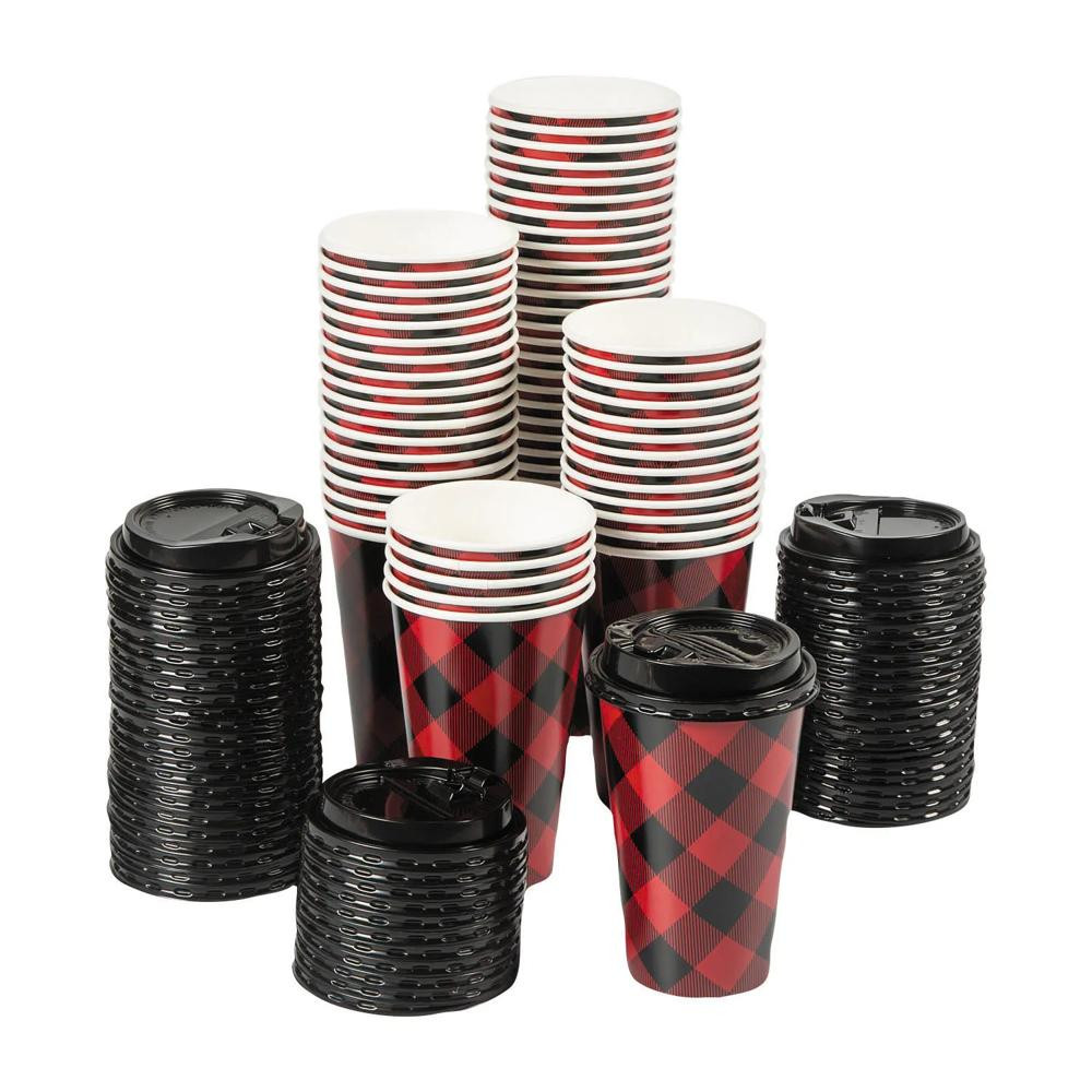 16 oz. Bulk 60 Ct. Christmas-Themed Buffalo Plaid Disposable Paper Coffee Cups with Lid Black | Oriental Trading Company