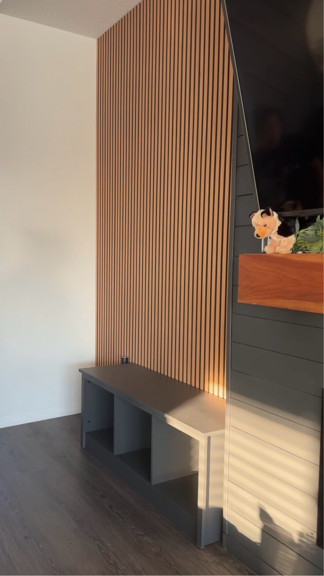 Wood Wall Panels | Accent Wall (Sound proof!)
The color is in American Oak 🪵 
Easy to install! Except when you have to cut it 😅 Linked the benches we ended up painting too

#wallpanel #accentwall