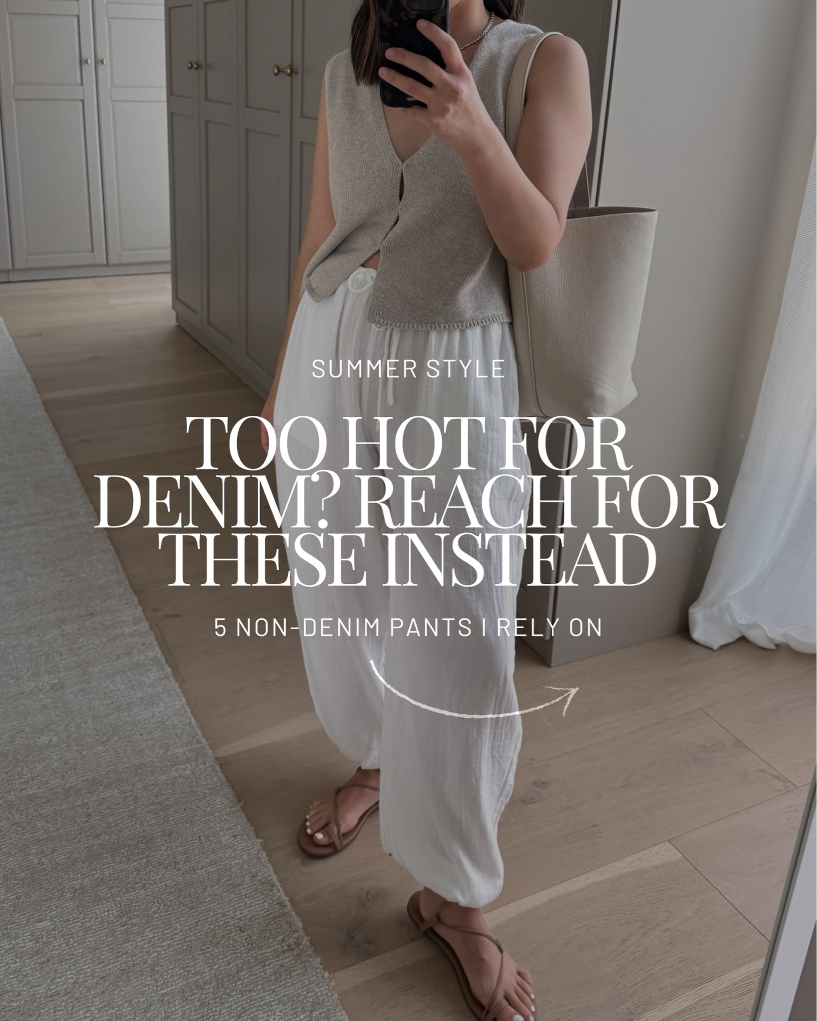 Once summer hits, I naturally start reaching for lightweight pants over denim. Gauze, poplin, linen… they’re easier, cooler, and make outfits feel more effortless.

Look 1:
Aritzia balloon pants xs
Aritzia knit tank small
Tkees sandals size 6
Quince bucket bag - color is sold out, linked similar.
Dorsey James necklace 15”

Look 2:
Aritzia balloon pants xs 
Aritzia tee medium 
Joe’s jacket small. But could wear the xs 
Polo hat 
The Row bag medium 
Black Suede studio sandals 35

Look 3:
Gap poplin barrels petite xs - white is sold out, linked similar.
AYR denim jacket small 
Kule stripe tee medium 
Everlane cotton sweater xs
Staud flats 35 
Quince bag - color is sold out, linked similar.
Celine sunglasses 
Dorsey James necklace

Look 4:
Splendid linen pull on pants xs
Jenni Kayne linen sweater xs - old, linked similar. 
Onitsuka Tiger sneakers 4 mens 
Sezane Milo in sand - color is old, linked similar.
Polo Ralph Lauren cap 
Le Specs sunglasses

Look 5:
Gap Factory linen blend pants petite xs 
J.Crew shirt xs - old, linked similar.
Everlane tee medium 
Havaianas sandals 5 
Amazon sling bag 
YSL sunglasses 
J.Crew earrings 
Dorsey James necklace 15"

Look 6:
Gap factory linen pants petite xs 
Everlane box cut tee medium 
Quince cotton sweater xs. I also have the small 
Amazon mesh flats 5 - so comfy! 
The row bag small
Electric Picks earrings 
Dorsey James necklace 15”
Celine sunglasses

#LTKPetite #LTKmomlife
