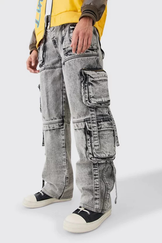 Baggy Rigid Multi Cargo Pocket Strap Detail Acid Wash Jeans | boohooMAN (US & Canada)
