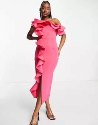 ASOS DESIGN frill off shoulder pencil midi dress in hot pink | ASOS (Global)