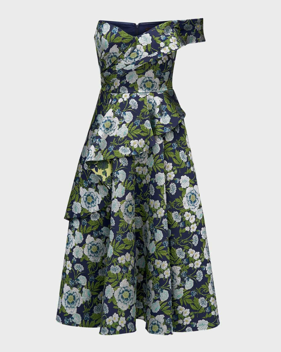 Theia Tatum Floral Peplum A-Line Midi Dress | Neiman Marcus