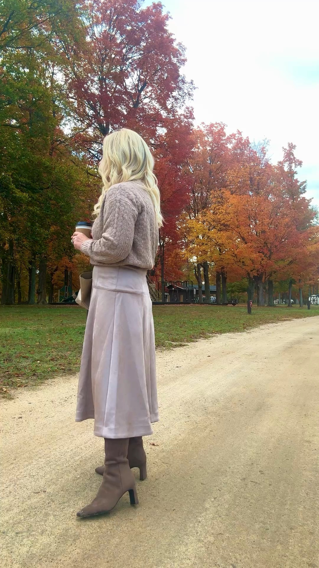 A glimpse into my Autumn world. Sweater dress, suede boots, and neutral sweater are linked below - fall outfit for women over 50.