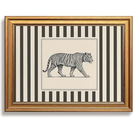 Gold Framed Vintage Tiger Wall Art Black and White Striped Wild Animal Poster Retro Jungle Big Cat Wildlife Canvas Print Botanical Safari Minimalist Exotic Artwork for Home Office Decor 12x16inch | Amazon (US)
