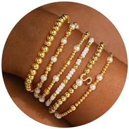 Turandoss 6PCS Beaded Initial Bracelets for Women Girls Jewelry Gifts - 18K Gold Plated Beaded In... | Amazon (US)