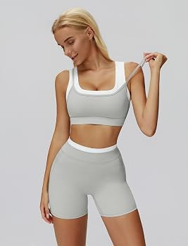 Amazon.com: ABOCIW Workout Sets for Women Color Block Layered Square Neck Sports Bra Matching Tum... | Amazon (US)