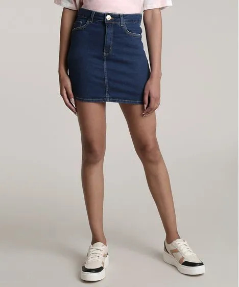 Saia Jeans Feminina Curta com Bolsos Azul Escuro | C&A (BR)