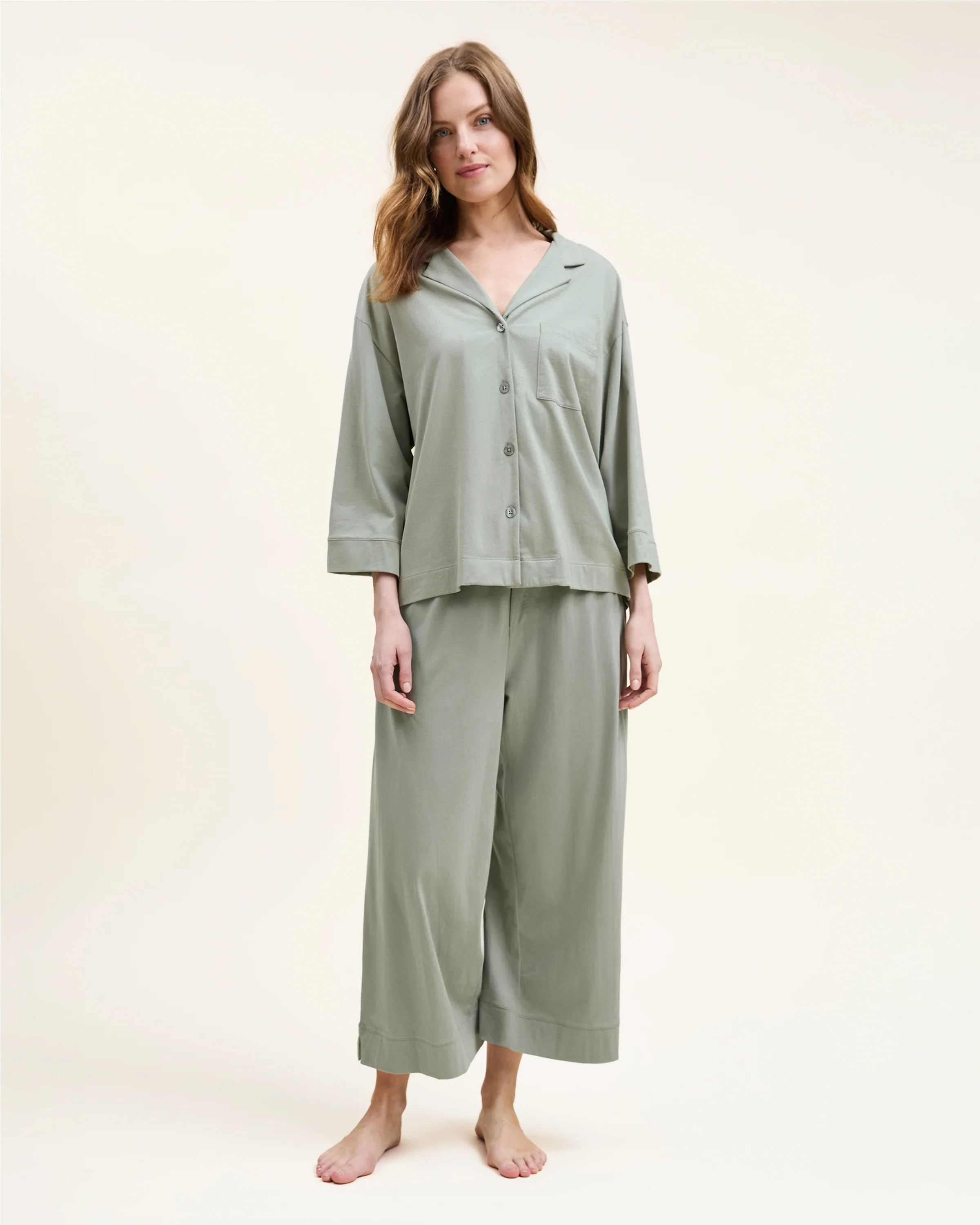 The Olivia Wide Leg Pima Pajama Set in Sage | Petite Plume