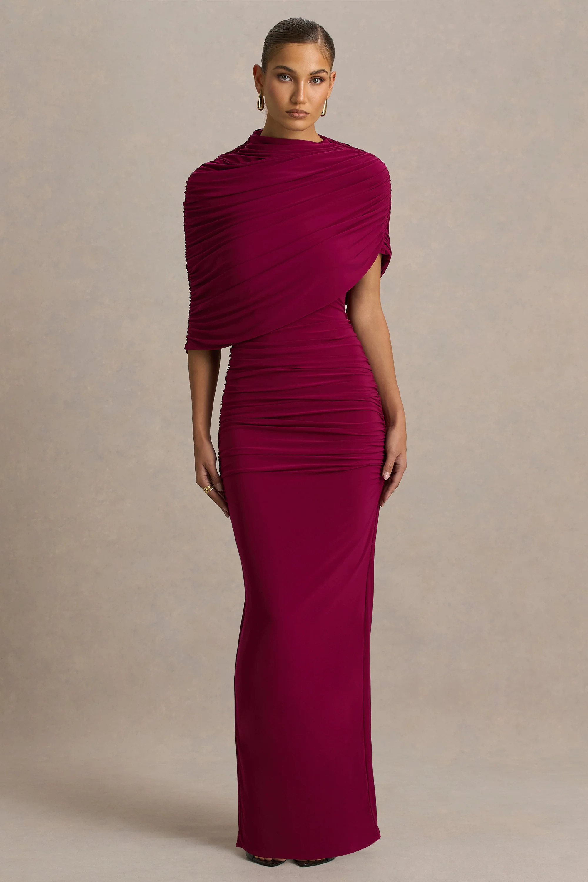 Glitz | Burgundy High-Neck Maxi Dress With Cape Sleeve and Ruched Deta | Club L London