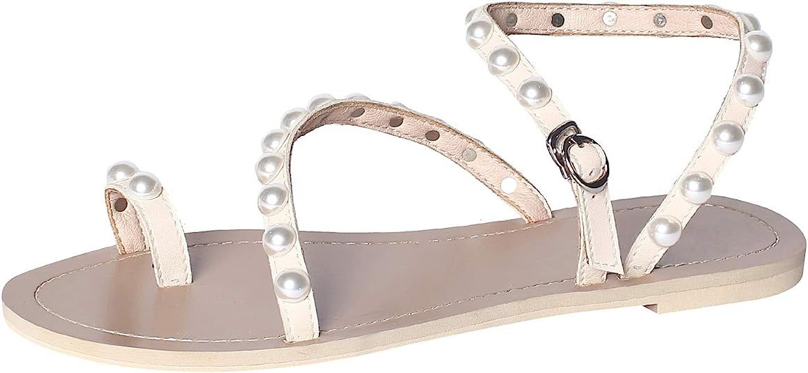 ANUFER Women's Bohemia Pearls Toe Ring Sandals/Slippers Summer Flat Flip Flops Beach Shoes | Amazon (US)