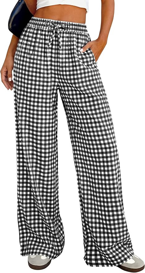 PRETTYGARDEN Women's Wide Leg Gingham Lounge Pants Summer 2026 Casual Plaid Trousers Spring Y2K C... | Amazon (US)