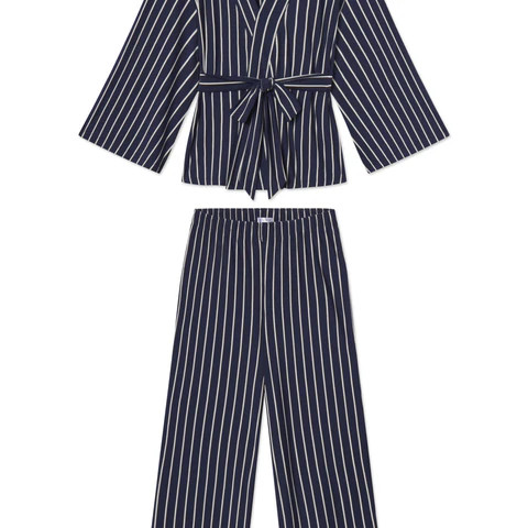 DreamModal™ Kimono Pajama Set in English Navy Vertical Stripe | Lake Pajamas