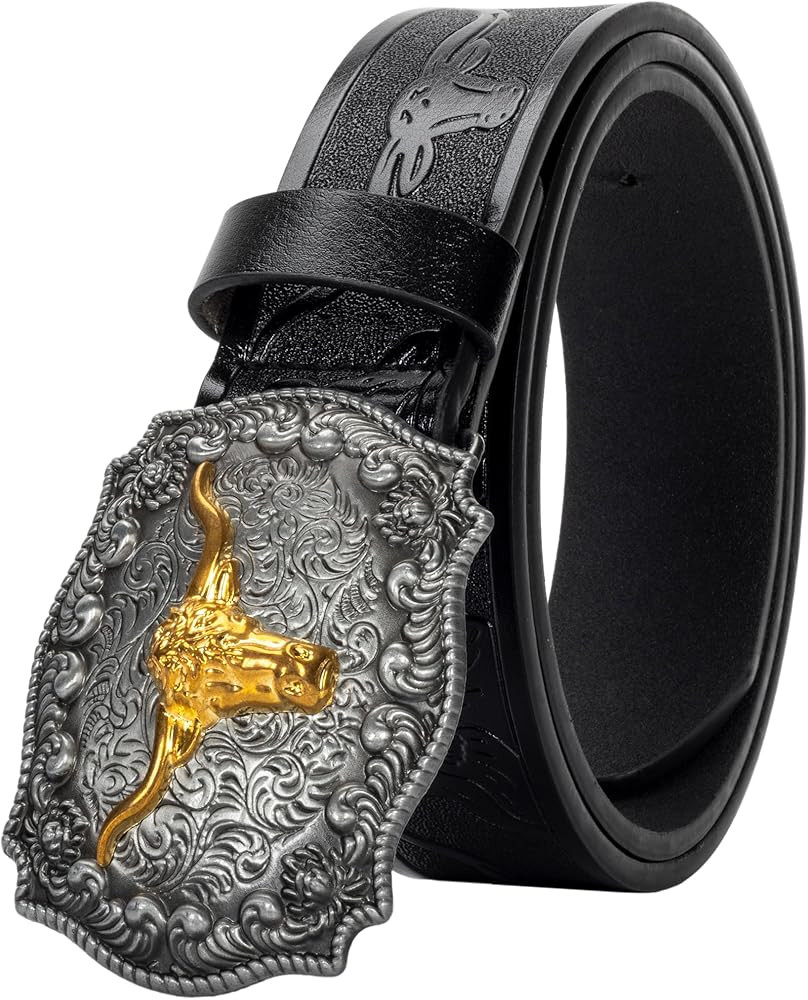 Men Women-Western-Cowboy-Leather-Belts - Longhorn Bull Pattern Buckle Belt Floral Engraved Buckle... | Amazon (US)