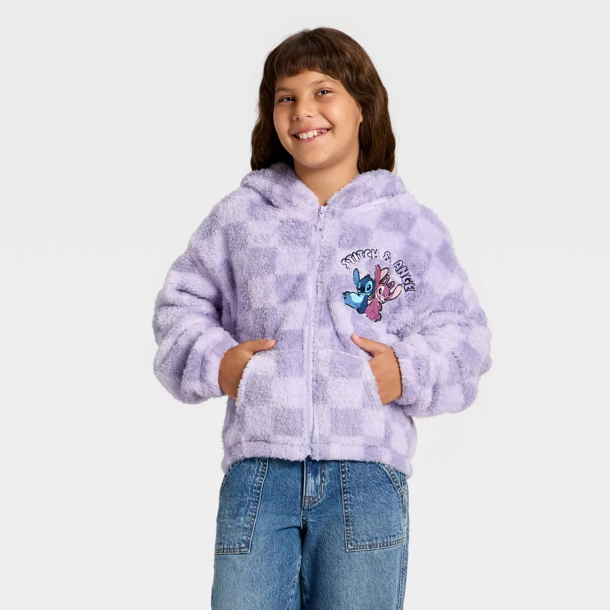 Girls' Stitch and Angel Woobie Fleece Hooded Zip-Up Sweatshirt - Purple | Target