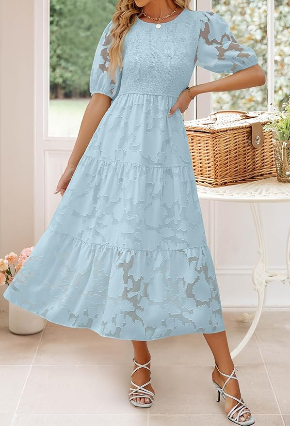 ZESICA Women's 2024 Summer Short Puff Sleeve Crewneck Smocked Floral Lace Flowy A Line Tiered Max... | Amazon (US)