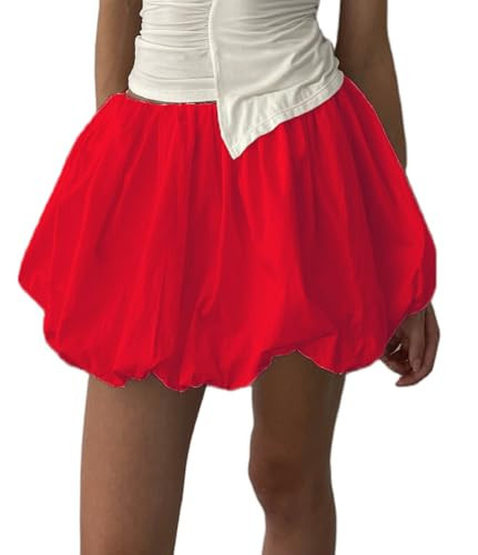 Women Y2k Bubble Mini Skirt Summer A Line Pleated Balloon Skirt Teen Girl Ruffle Puffy Short Skirt Streetwear(Red,M) | Amazon (US)