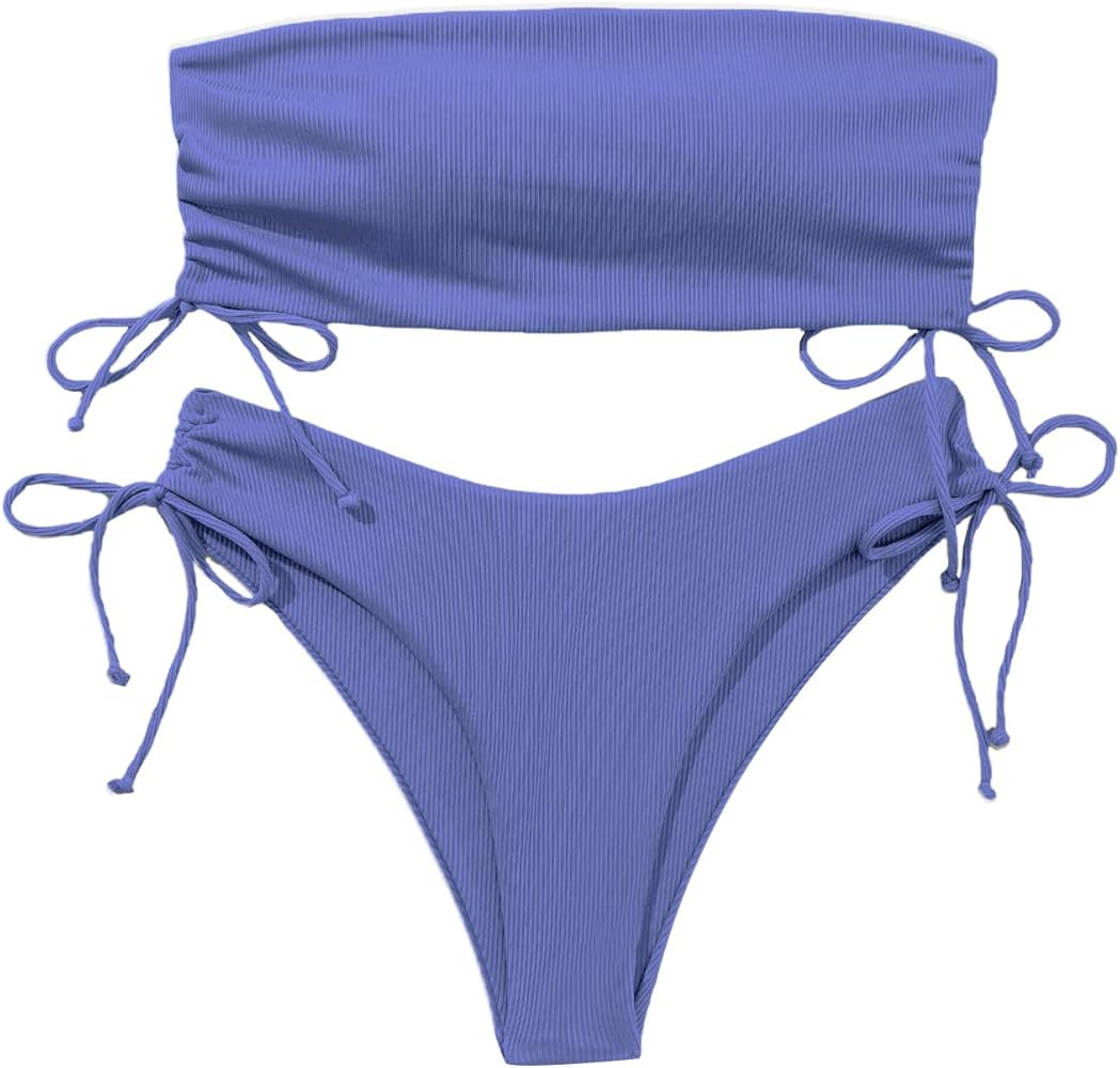MakeMeChic Women's 2 Piece Bandeau Swimsuits Tie Side Ribbed Bikini Set Tankini Blue L | Amazon (US)