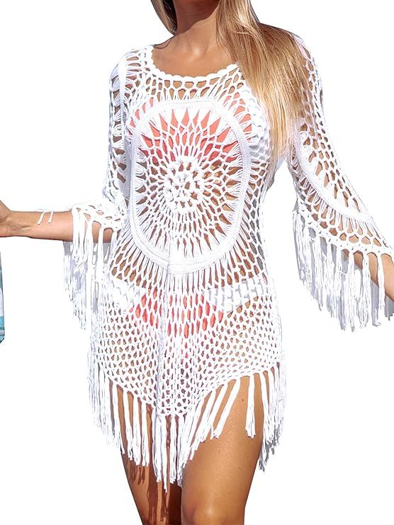 CUPSHE Women's Cover Up White Crochet Hollow Out Tassel Swimsuit Three Quarter Sleeve | Amazon (US)