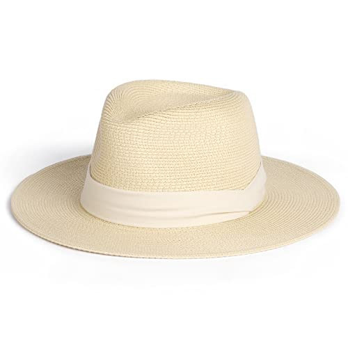 FURTALK Womens Mens Wide Brim Straw Panama Hat Fedora Summer Beach Sun Hats UPF Straw Hat for Women Beige-White | Amazon (US)