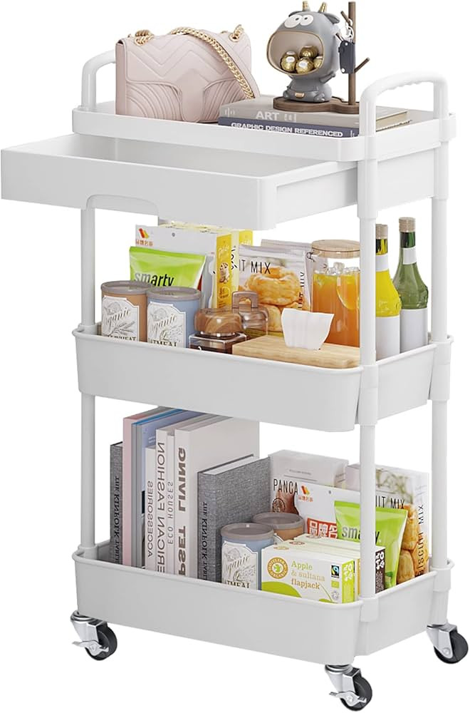 3-Tier Rolling Utility Cart with Drawer,Multifunctional Storage Organizer with Plastic Shelf & Me... | Amazon (US)