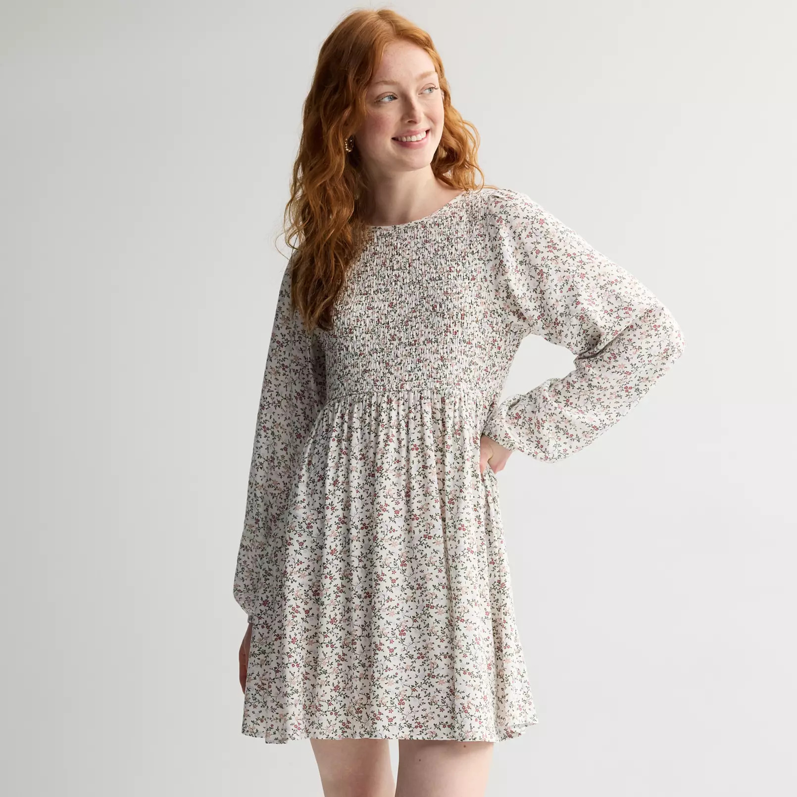 Juniors' SO® Smocked Long Sleeve Mini Dress | Kohl's