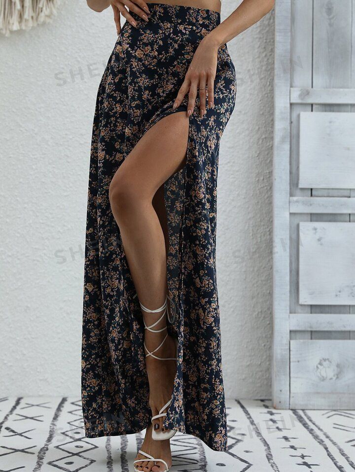 SHEIN LUNE High Waist Floral Print Slit Skirt | SHEIN