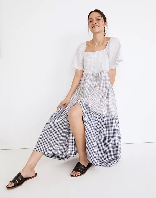 Patchwork Gingham Button-Front Tiered Midi Dress | Madewell