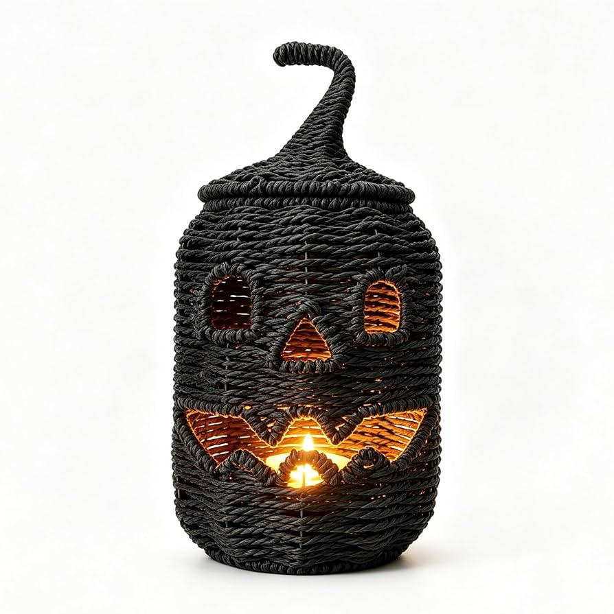 Black Handwoven Seagrass Pumpkin Jack-O-Lantern for Spooky Halloween Candy Storage, Rattan Pumpki... | Amazon (US)
