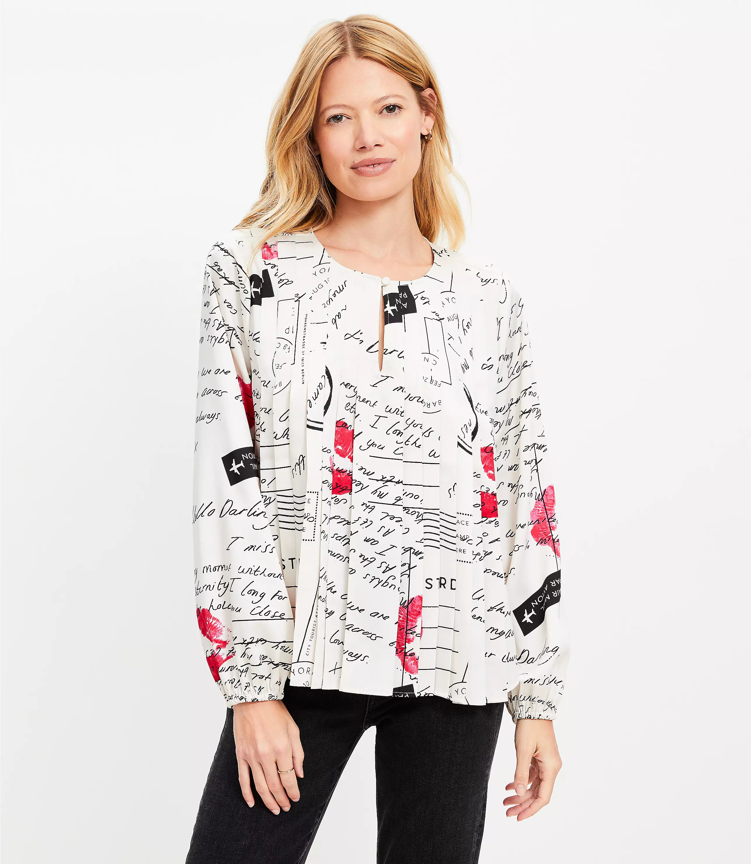 Pleated Split Neck Blouse | LOFT