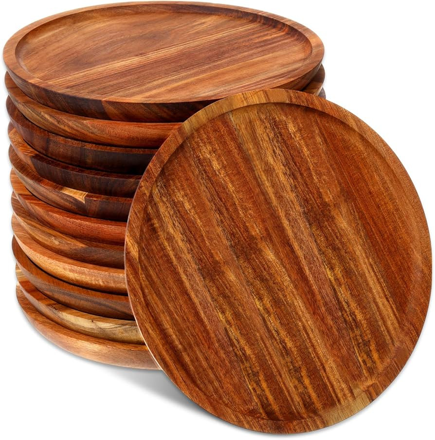 Rtteri 12 Pcs Acacia Wood Dinner Plates Round Wood Dishes Wooden Charger Serving Tray Easy Cleani... | Amazon (US)