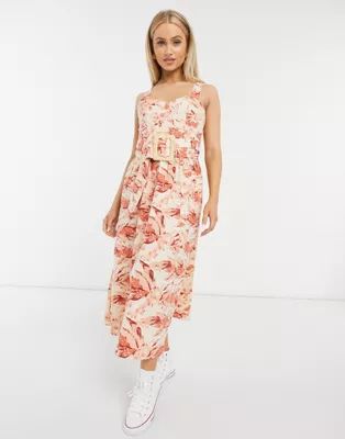 ASOS DESIGN midi skater sundress with wicker belt in palm floral | ASOS (Global)