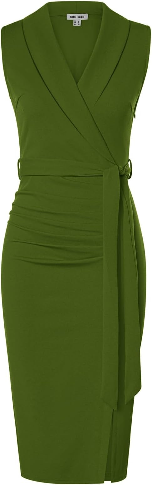 GRACE KARIN Women's Wear to Work Sleeveless Ruched Bodycon Office Pencil Midi Dresses with Belt | Amazon (US)