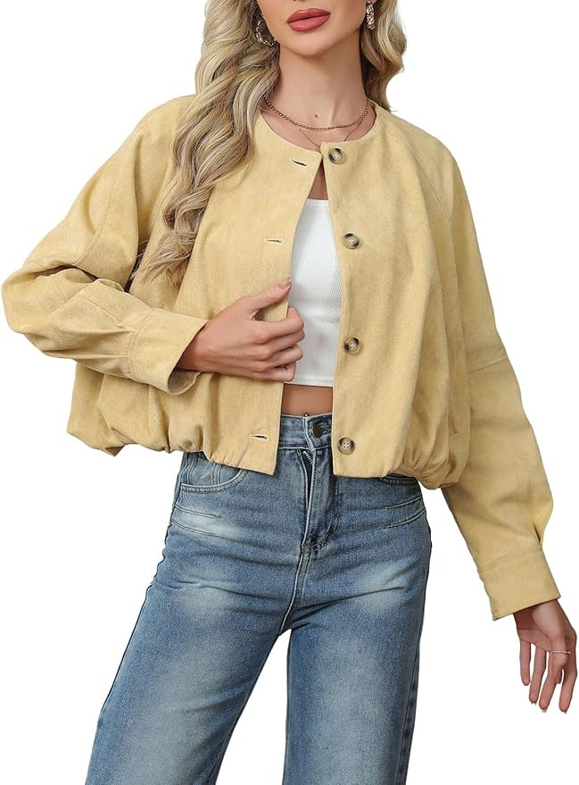 SCOFEEL Women’s Cropped Faux Suede Jacket Casual Collarless Short Bomber Jackets Button Up Fall... | Amazon (US)