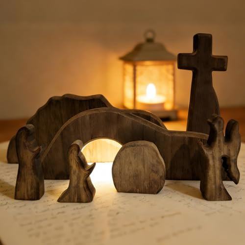 FESTGLOX Empty Tomb Easter Scene for Christian Decoration, Wooden Easter Resurrection Scene with Cross for Religious Display, Nativity Jesus Tomb Set for Home Office Tabletop Tray, Shelf Decor | Amazon (US)