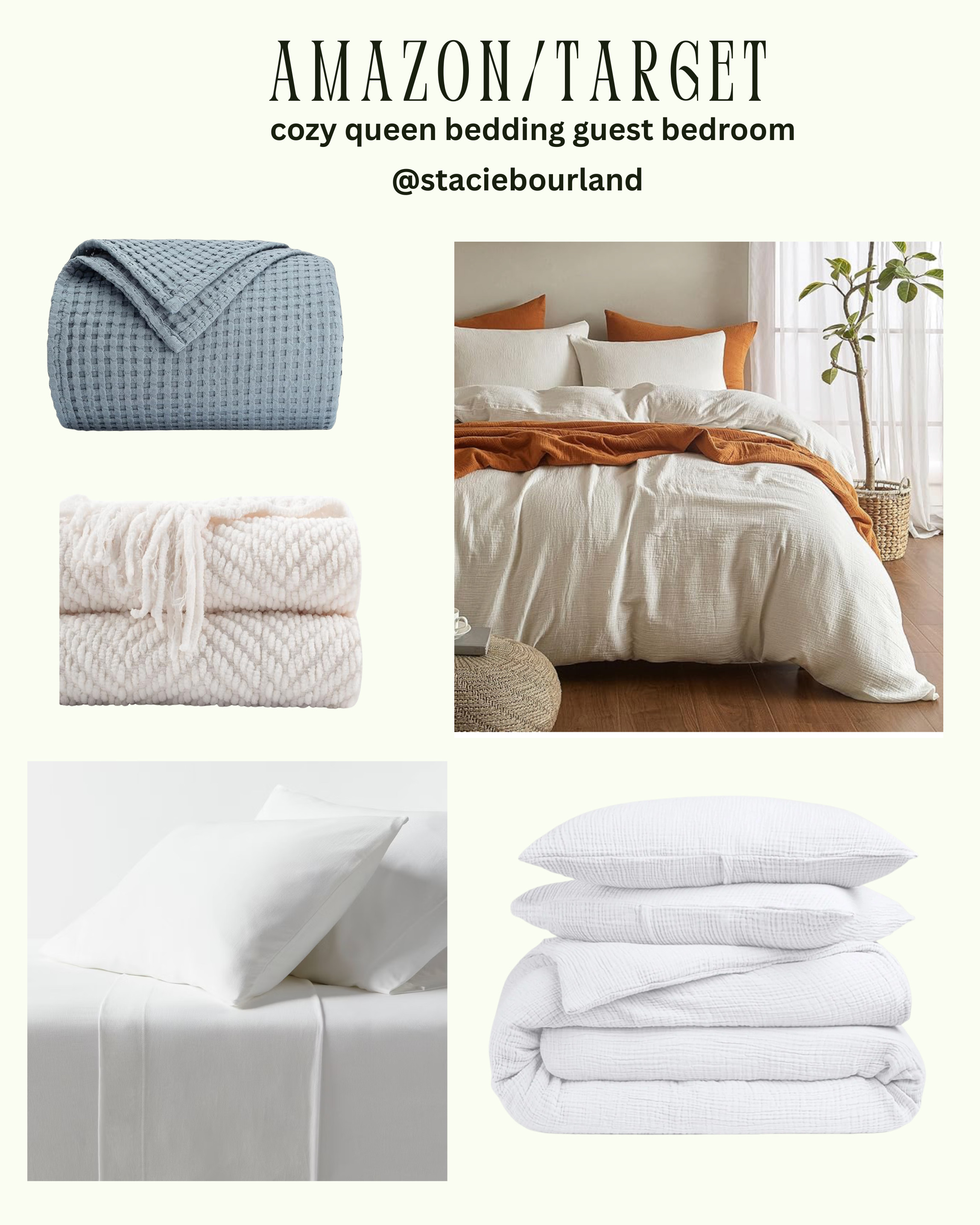 Found the best and coziest queen bedding for our guest bedroom. Did a coastal theme but love that the throws/blankets come in so many colors. I did the 90x66 for the blue waffle blanket for layering.  Cream throw size 60x80. The duvet cover feels way more expensive than it is and the duvet itself- the perfect weight. Sheets are Target and feel like a cloud.  All items linked below 

 #LTKHome #LTKFindsUnder50 #LTKFindsUnder100