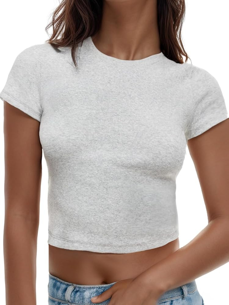 AnotherChill Women's Short Sleeve Crew Neck T-Shirts Ribbed Cotton Crop Top Y2K Summer Going Out ... | Amazon (US)