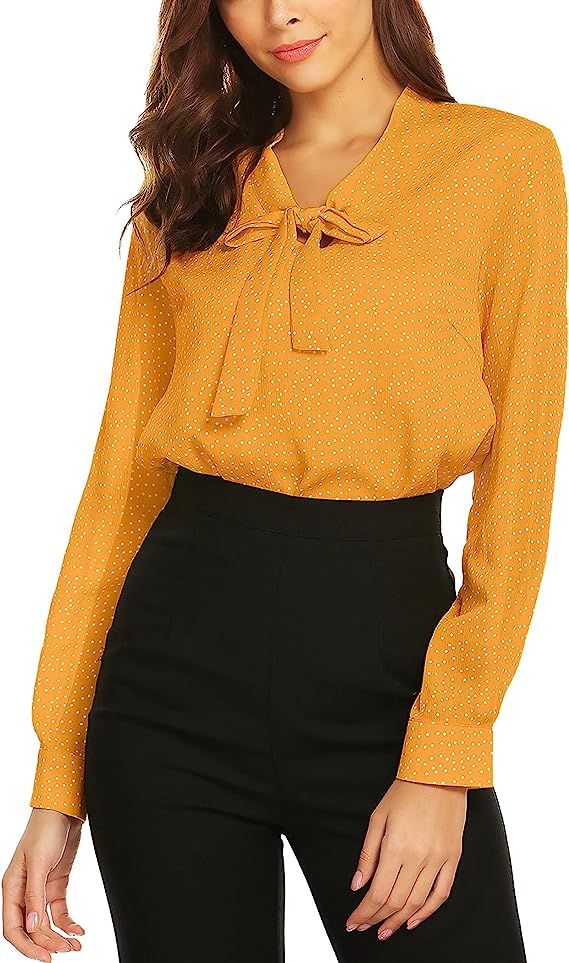 ACEVOG Womens Bow Tie Neck Long/Short Sleeve Casual Office Work Chiffon Blouse Shirts Tops | Amazon (US)