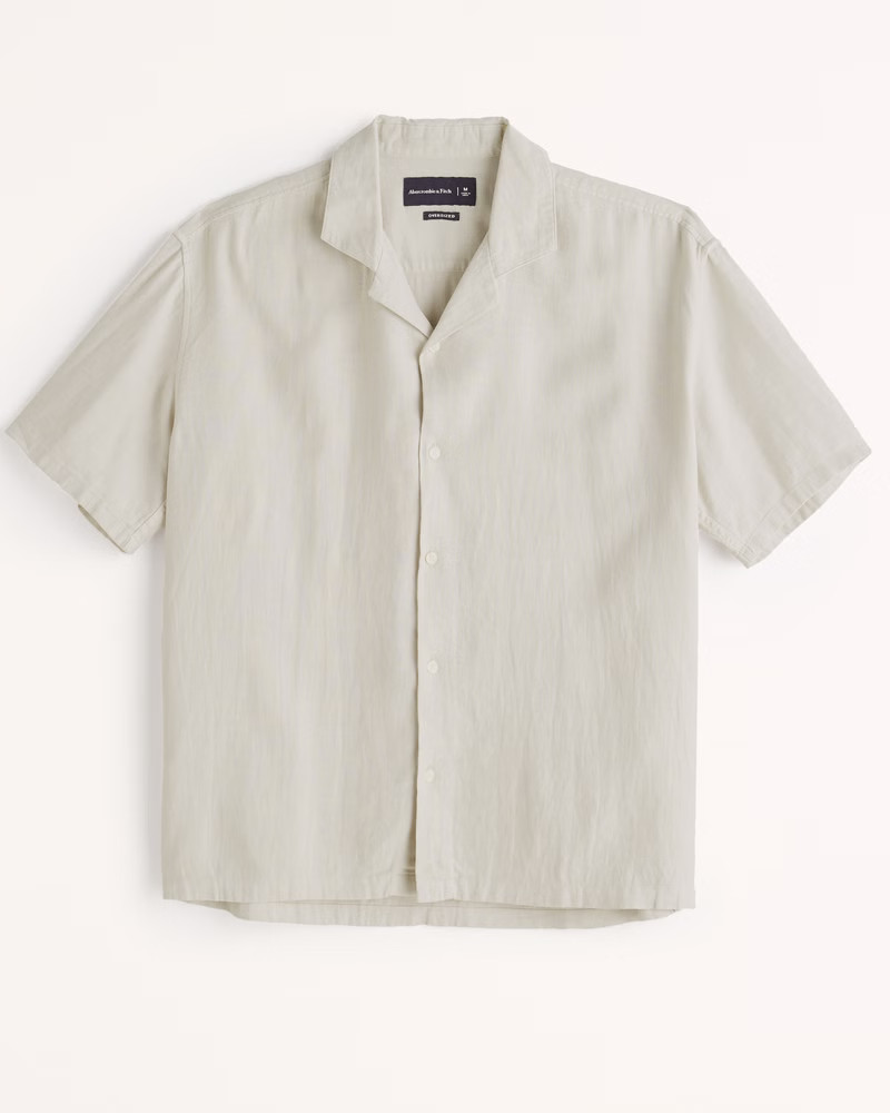 Linen-Blend Camp Collar Button-Up Shirt | Abercrombie & Fitch (US)