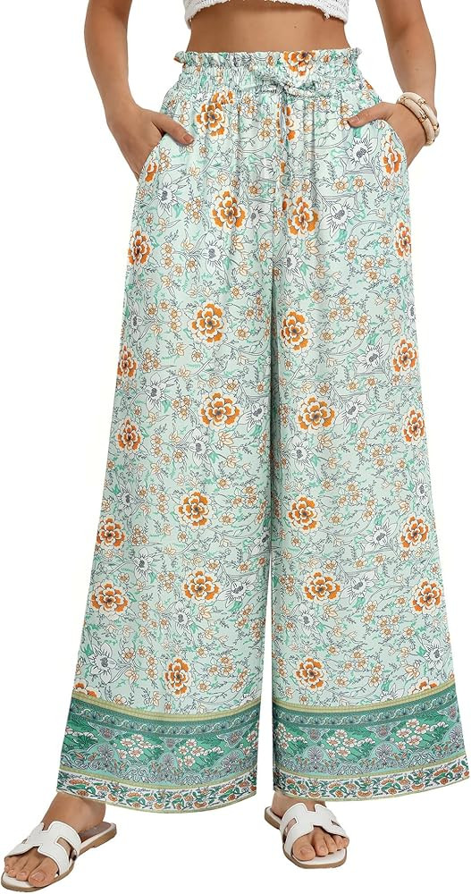 GRACE KARIN Palazzo Pants for Women, Ruffle Drawstring Flowy Trousers with Pockets, Beach Vacatio... | Amazon (US)