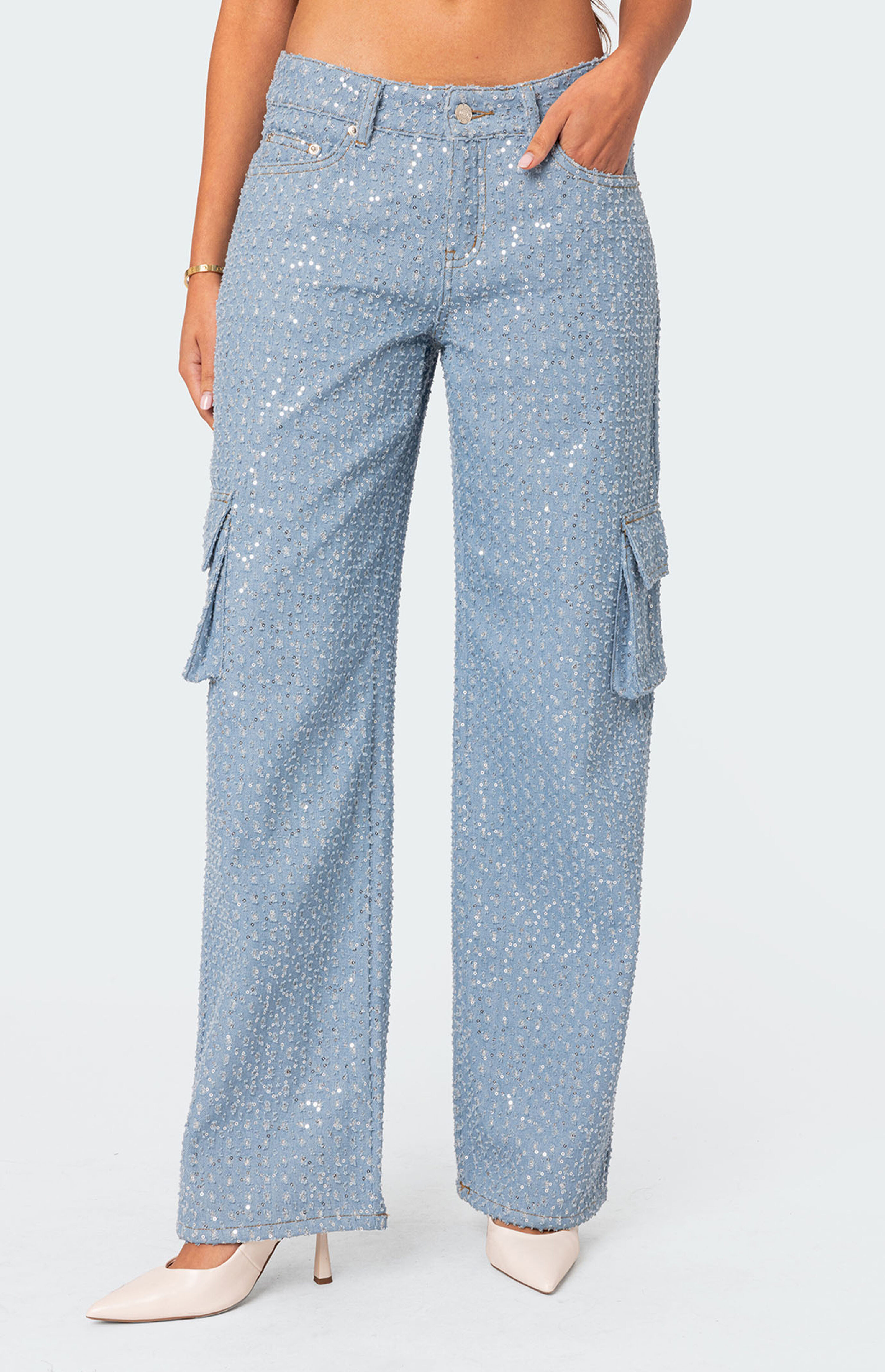 Edikted Icing Sequin Low Rise Cargo Jeans | PacSun