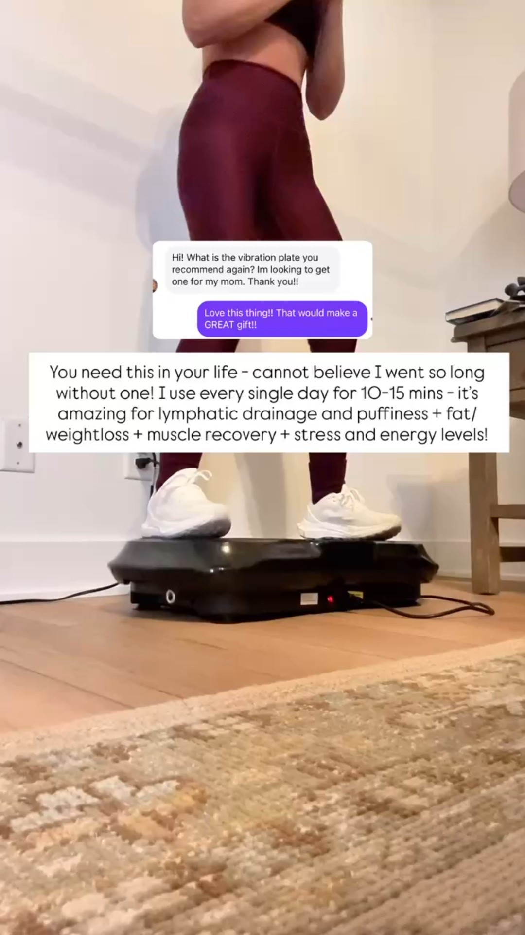 Mine comes with an exercise guide as well! I know so many of you bought this during prime day, I have been using it for 15 minutes post-exercise, but you can do it anytime during the day. I do speed 60 (but am going to increase next time) but I started much lower and did 5 mins in the beginning to get used to it. 

It’s so good for inflammation, fat and weight loss, energy and stress levels, helps with joint tension, muscle recovery, bone health, and more!


#LTKGiftGuide #LTKmorningroutine #LTKActive