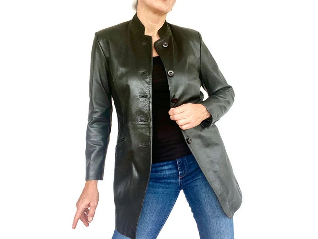 Vintage 90s Leather Jacket Mid Length Tab Collar Mock Neck - Etsy | Etsy (US)