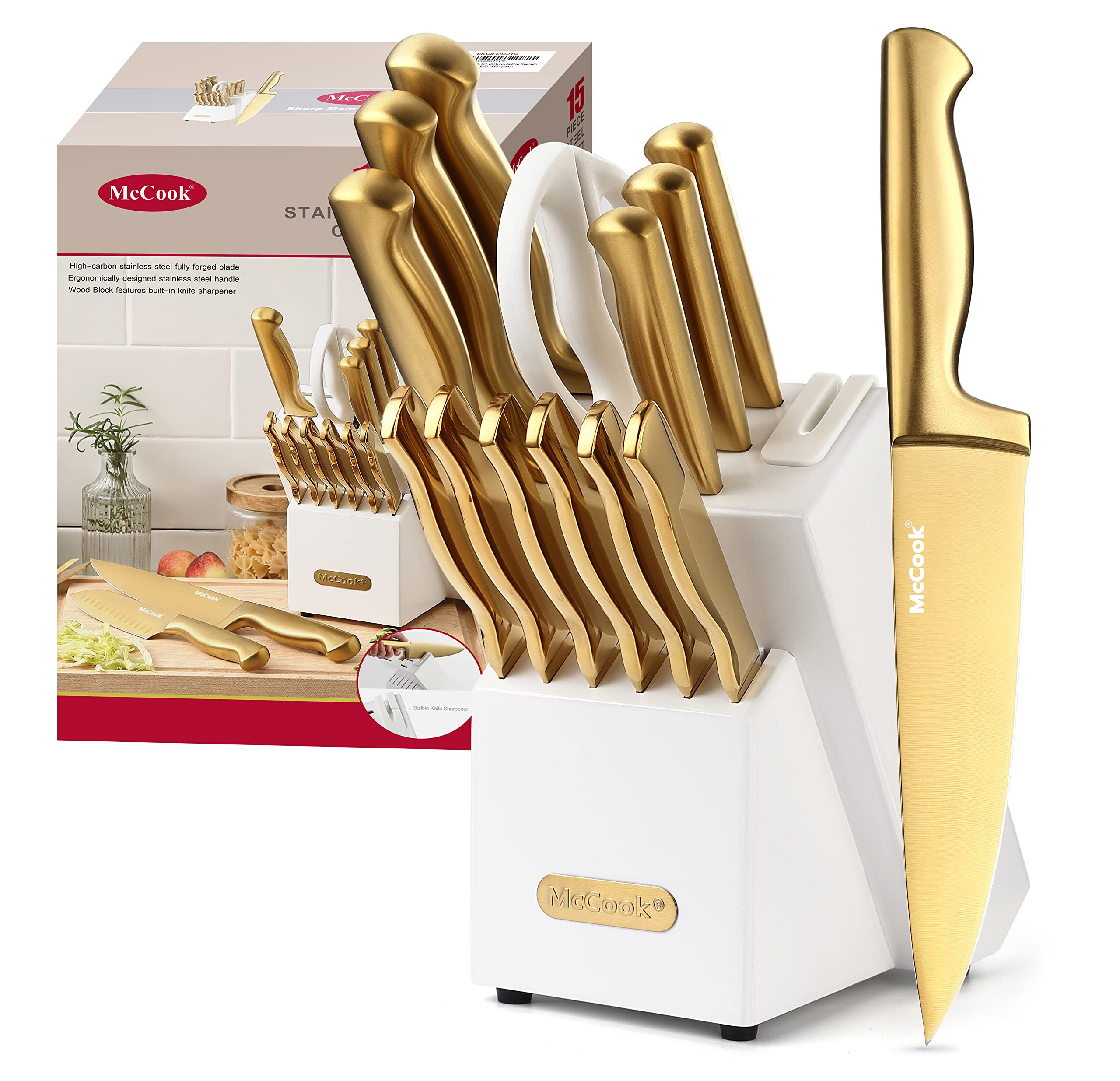 McCook® Knife Sets, Golden Titanium Stainless Steel Kitchen Knife Block Sets with Built-in Sharp... | Amazon (US)