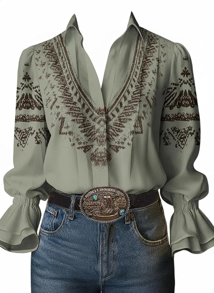 OSCORP Womens Boho Western Button Down Blouse, Long Sleeve Ruffle Cuff Pleated Loose Fit Cowgirl ... | Amazon (US)