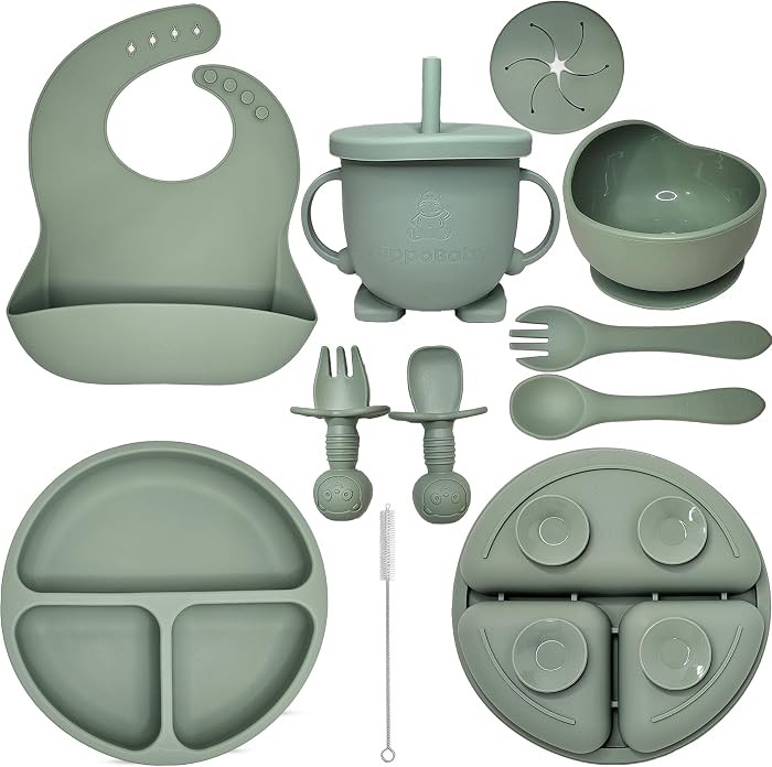 Baby Led Weaning Supplies | 10 Piece Silicone Baby Feeding Set, Baby Toddler Bib Cup Divided Plat... | Amazon (US)