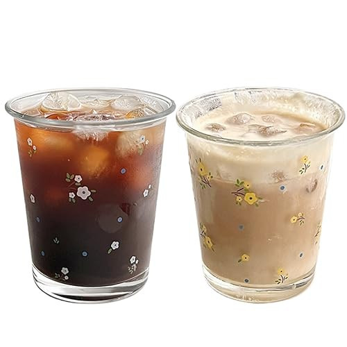 yaocoral Set of 2 12 OZ Floral Drinking Glasses French Glass Coffee Cup Cute Flower Glass Cups for Iced Coffee,Tea,Juice,Latte,Milk,Dessert,Stackable Glassware Drinkware Set(white yellow) | Amazon (US)