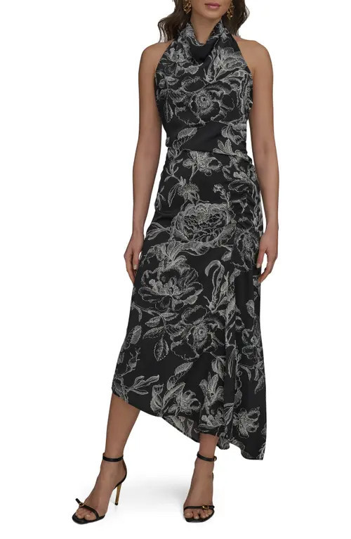 Donna Karan New York Floral Asymmetric Hem Maxi Dress in Black/Cream at Nordstrom, Size 4 | Nordstrom